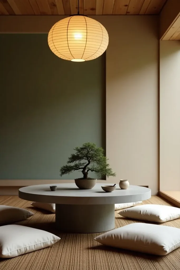Zen-inspired round stone table with floor cushions and bonsai centerpiece in a calm dining nook.