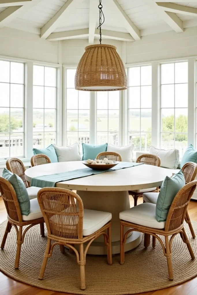 Sandstone dining table with wicker chairs, seashell centerpiece, and coastal-inspired décor.