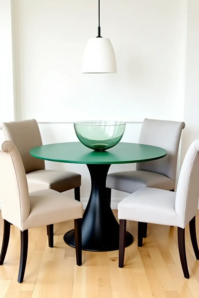 Round dining set with bold green table, neutral chairs, and glass bowl centerpiece in modern space.