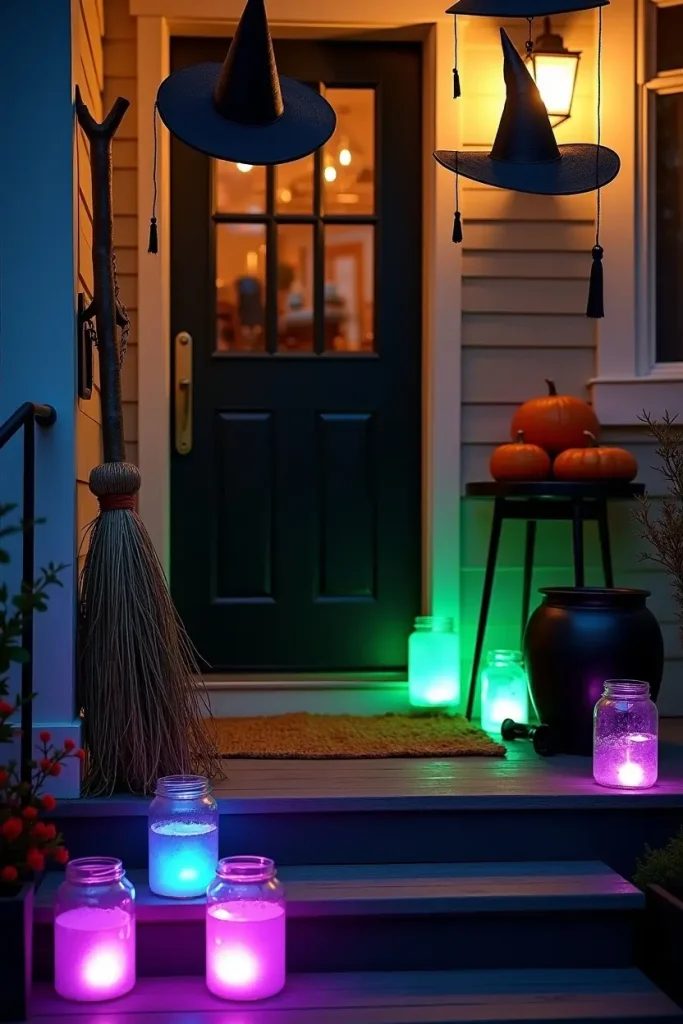 Witchy porch with floating hats, glowing potion jars, broom stand, and cauldron for Halloween.