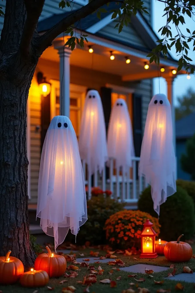 Floating cheesecloth ghosts glowing with LED lights sway from trees for a spooky Halloween yard.