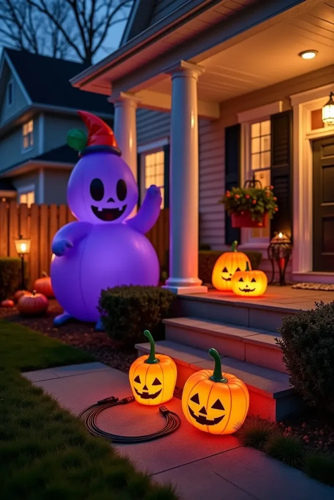 Halloween yard with secured inflatables, LED candles, and labeled bins for safe, durable displays.