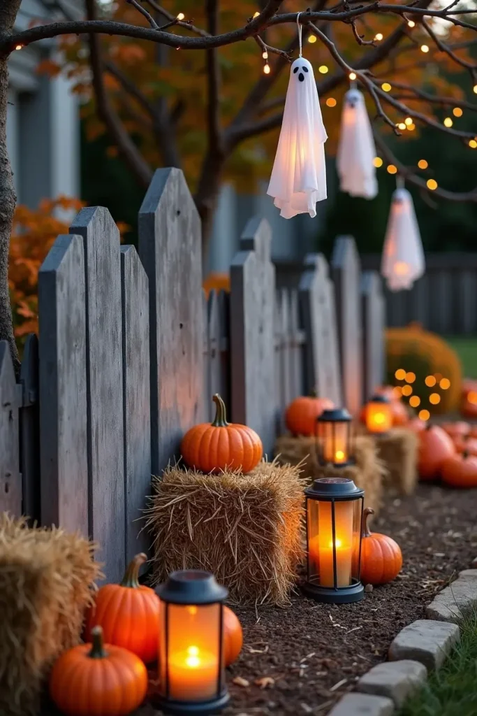 Eco-friendly Halloween yard with wood tombstones, solar lights, cheesecloth ghosts, and hay bales.