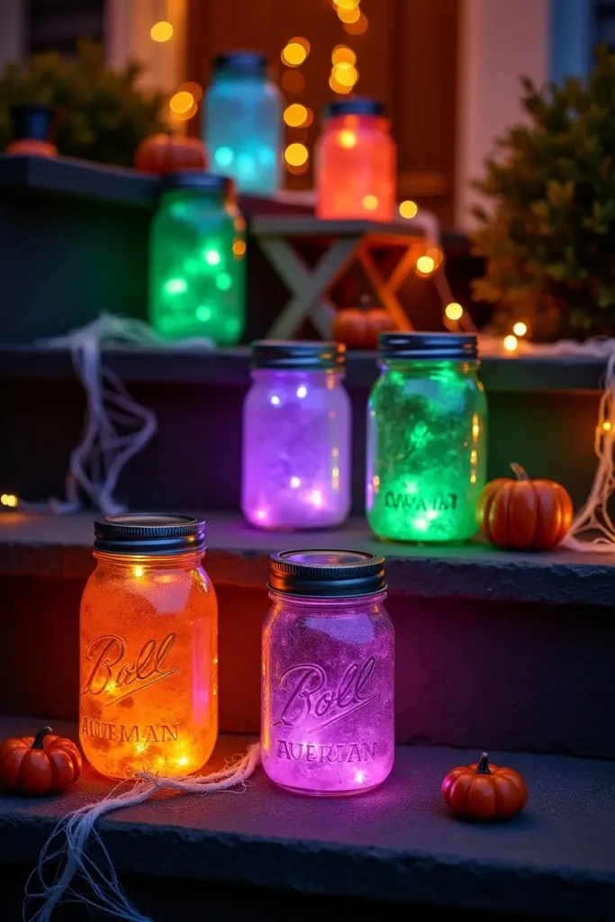 Glowing potion jar lanterns in jewel tones light up Halloween porch steps with a magical vibe.