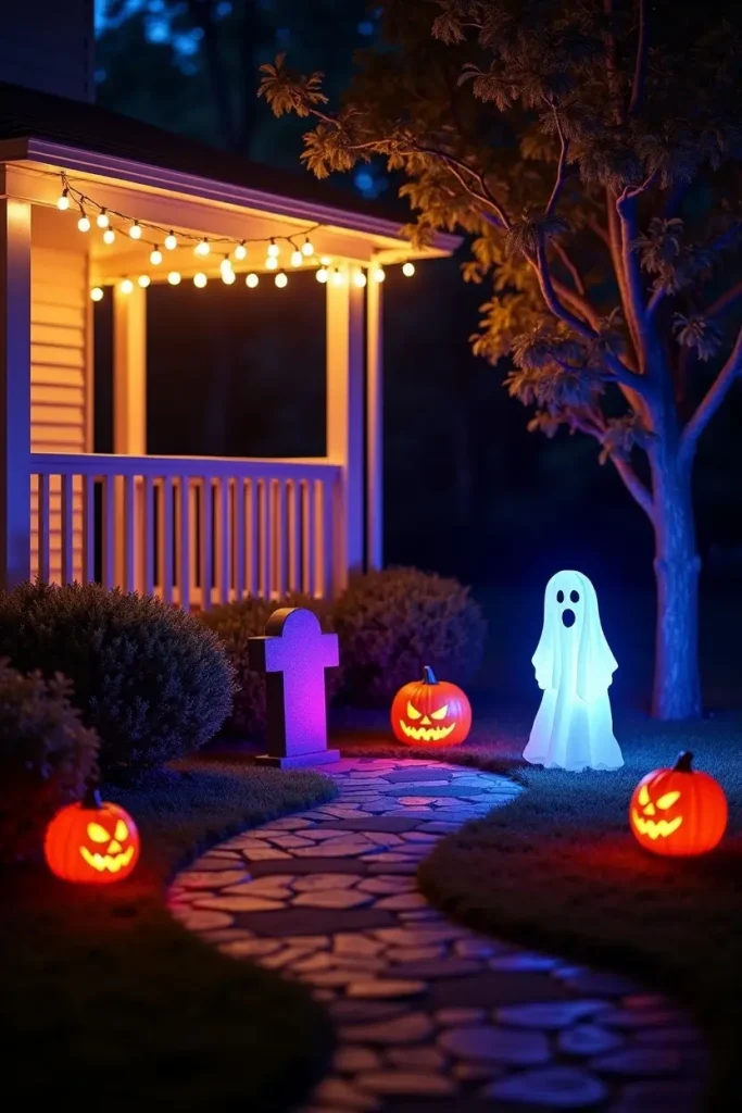 Halloween yard with warm string lights, purple spotlights, and glowing tombstones for spooky drama.