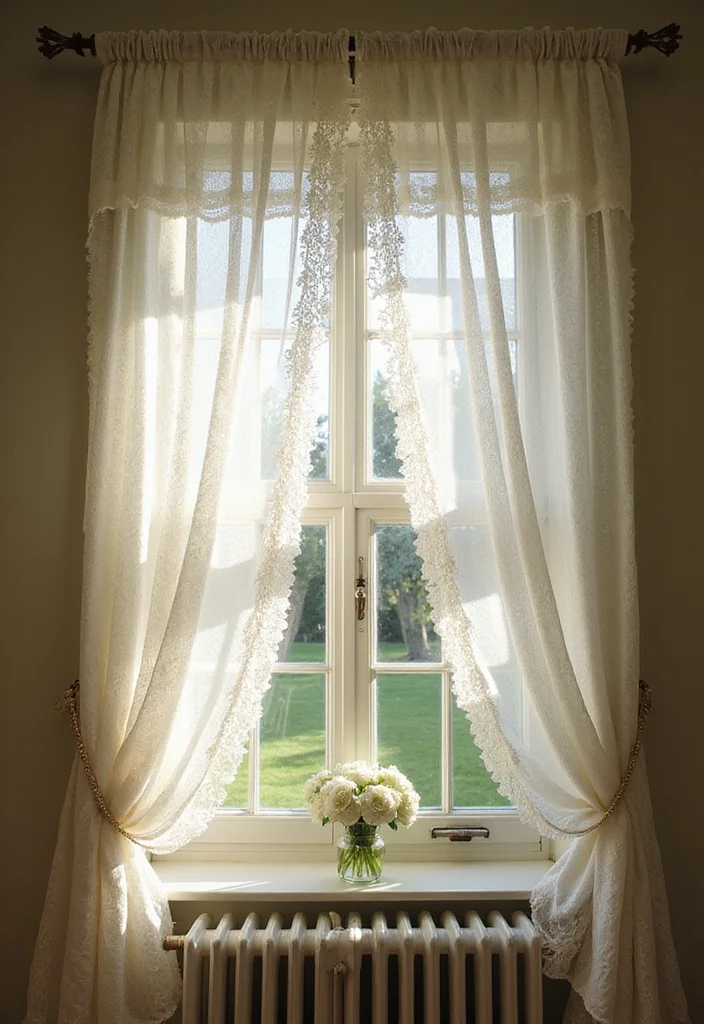 lace curtains airy english cottage bedroom