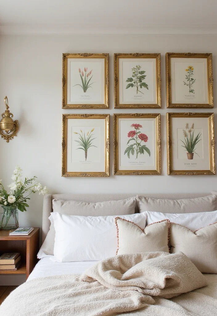 botanical artwork gold frames cottage bedroom