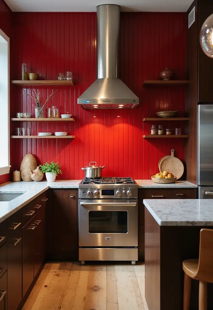 bold red bead board backsplash for a kitchen statement piece