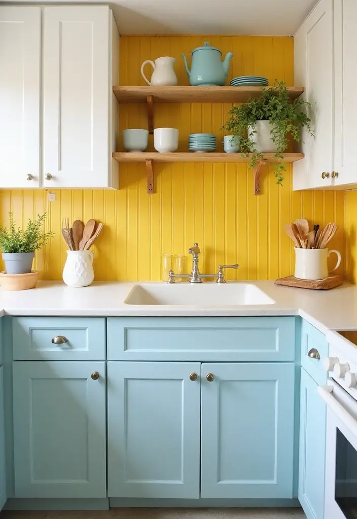 sunny yellow bead board backsplash for a cheerful kitchen