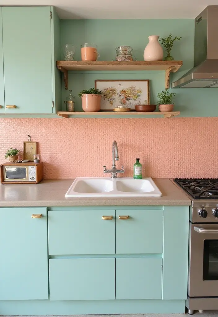 mint and peach fusion pastel bead board backsplash