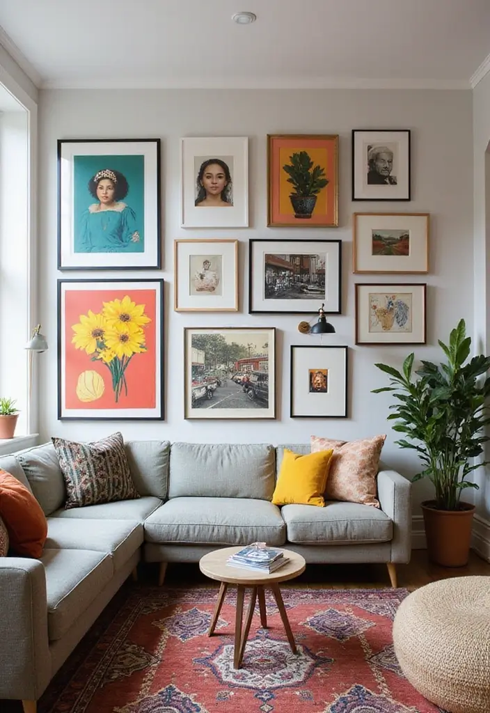 gallery wall with abstract art in living room