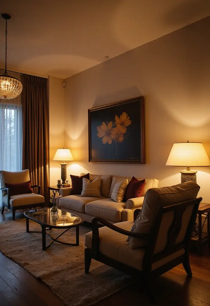 chandelier above modern living room seating area
