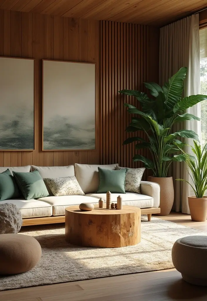 living room with wooden table and indoor plants