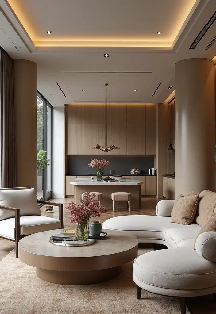luxury living room with neutral decor and warm lighting