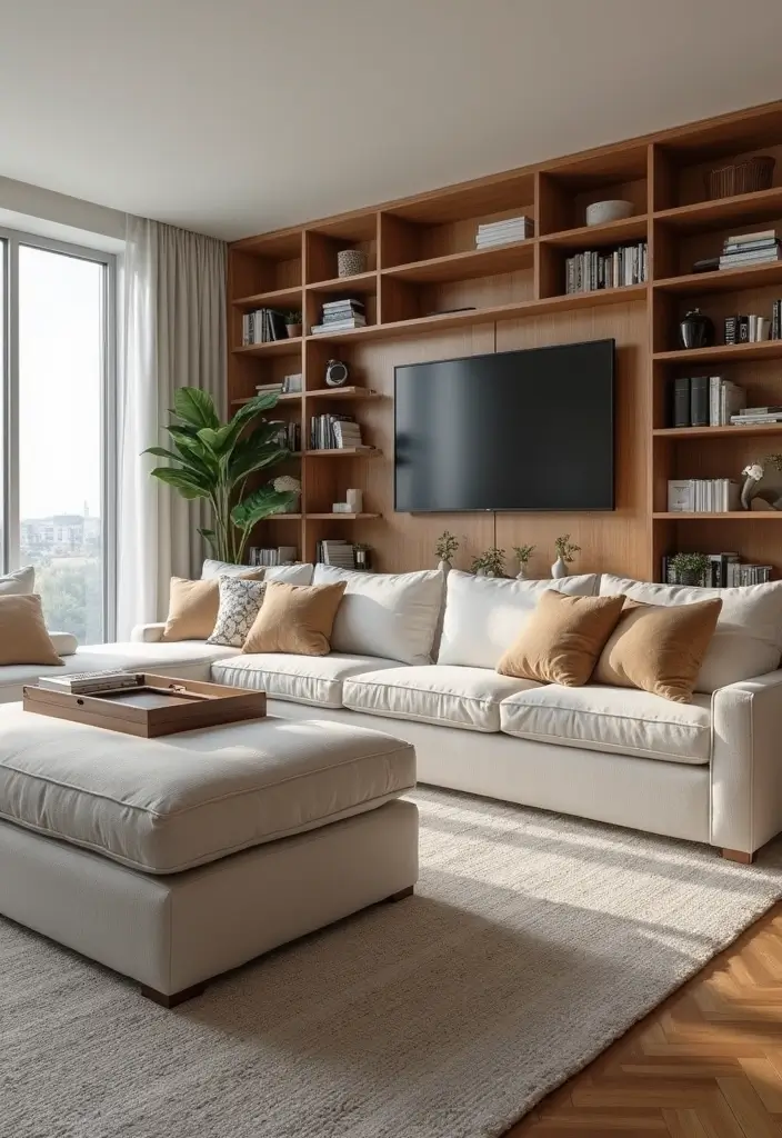 functional living room with storage ottoman and sectional sofa