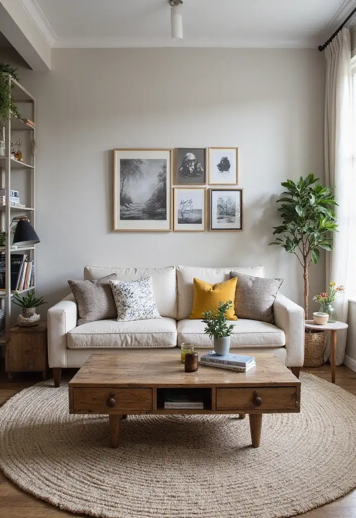 modern sofa paired with vintage wooden coffee table