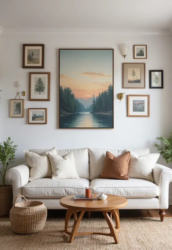 gallery wall with mixed frames above sofa
