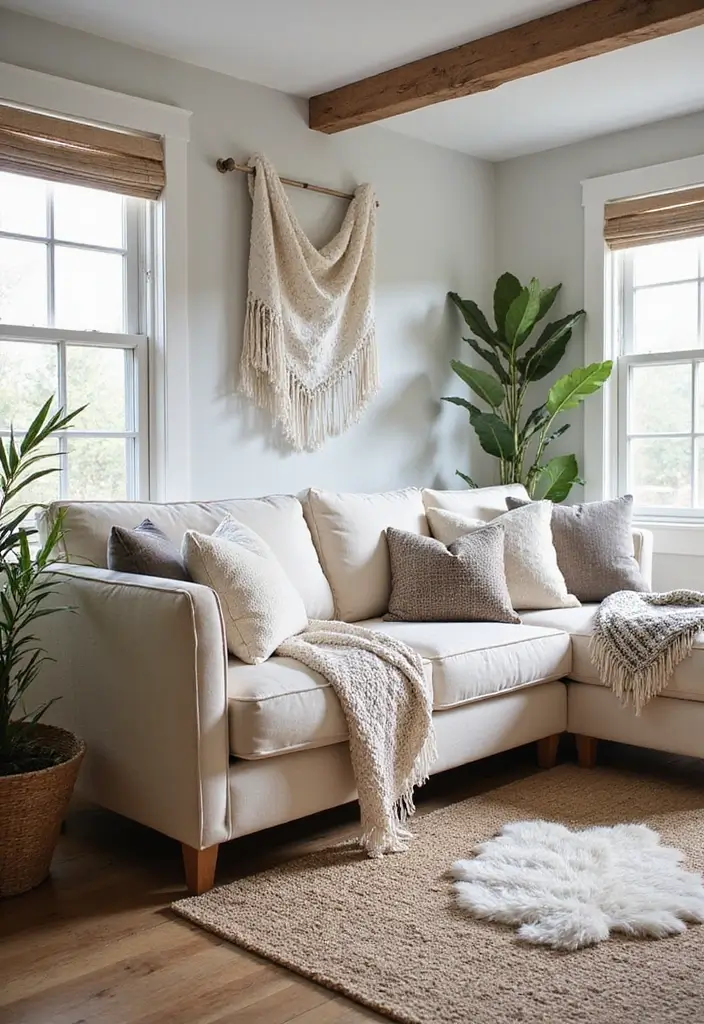 textured living room with wool throw and linen pillows
