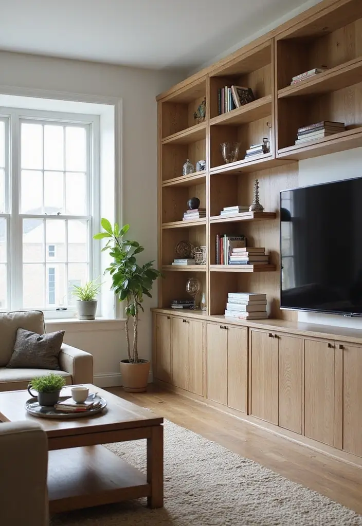 open wooden shelves with books and plants