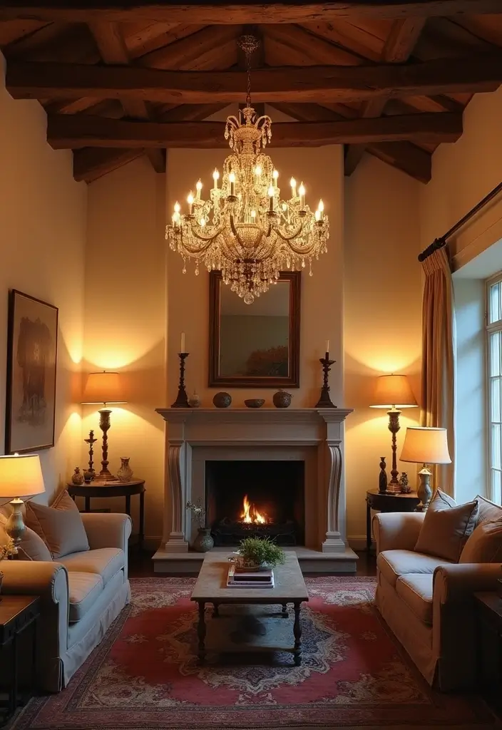 living room with rustic chandelier and floor lamps