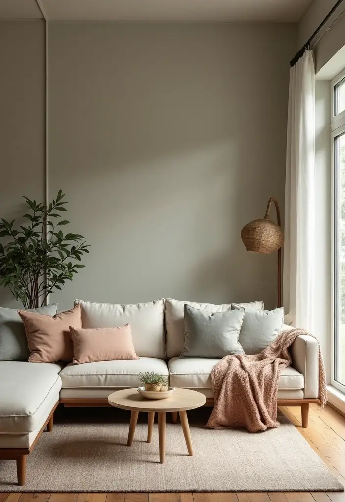 living room with taupe walls and navy accents