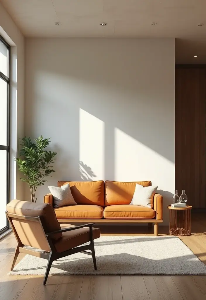 open living room with sofa and sheer curtains