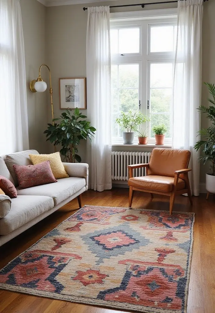 geometric wool rug under sofa in living room