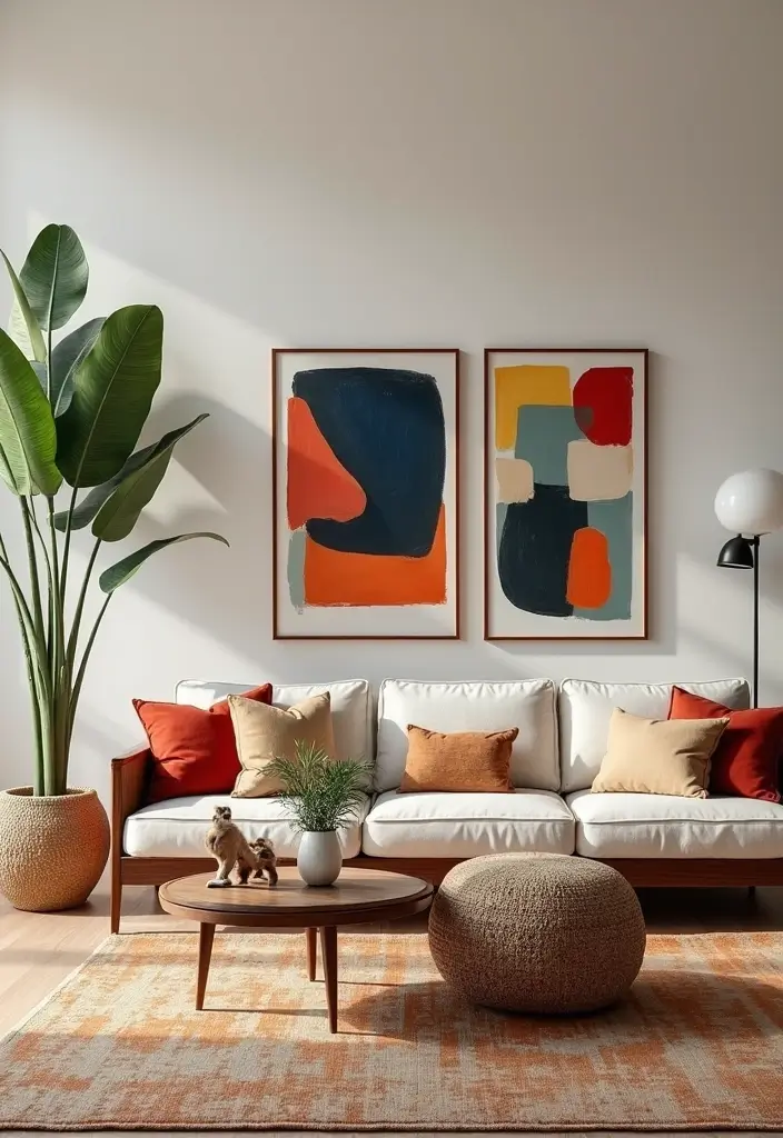 large abstract painting above sofa