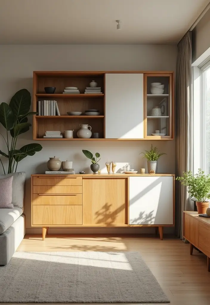 walnut cabinet and storage ottoman in living room