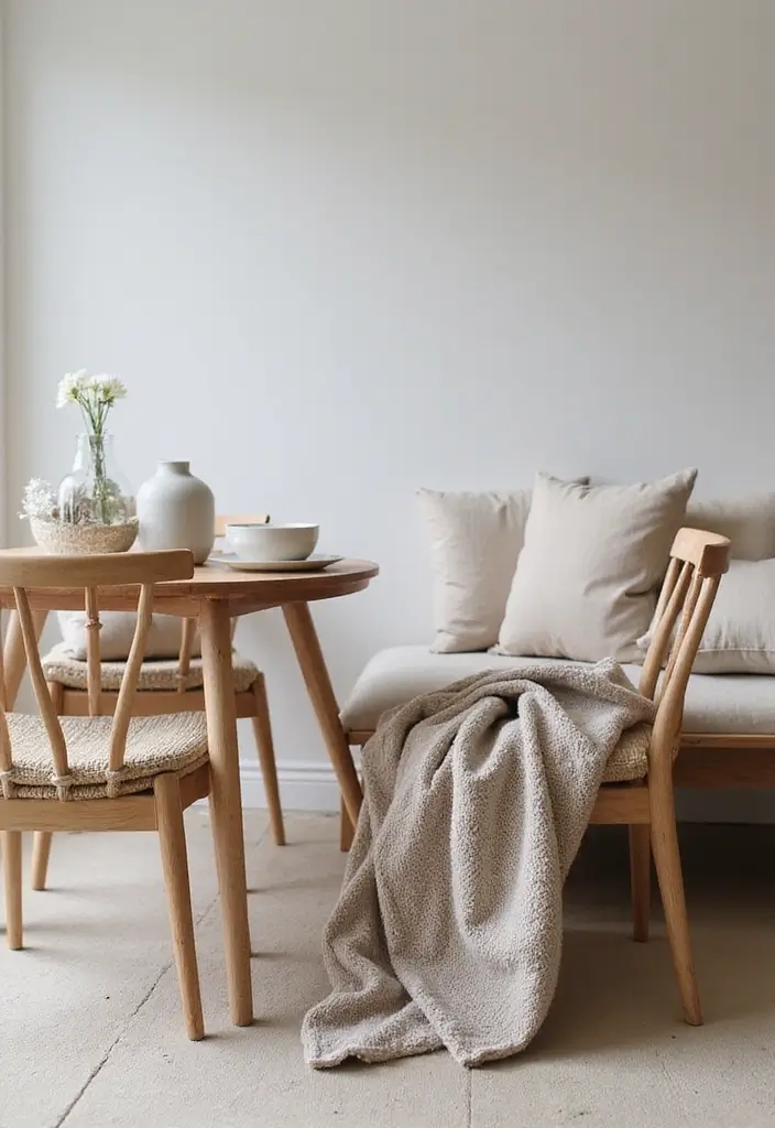 dining chairs with wool cushions and linen table runner