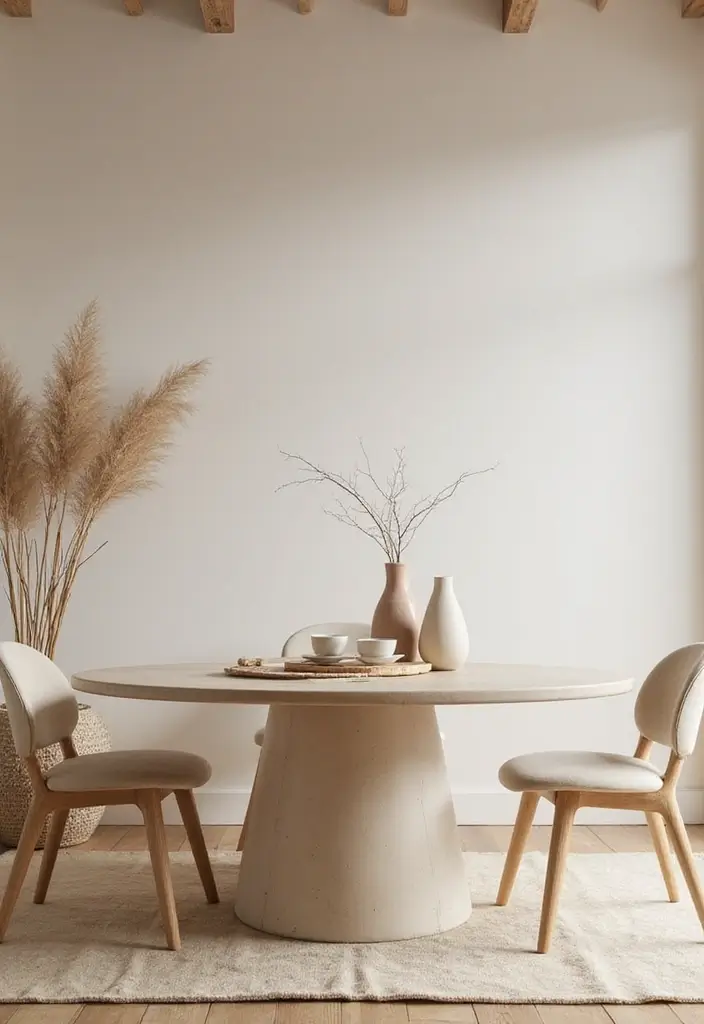 neutral dining room with white walls and beige wood furniture