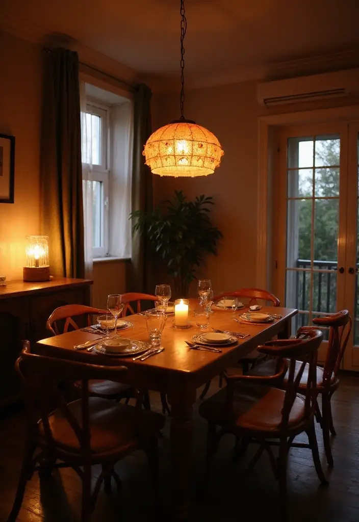 dining room with warm pendant light and candleholders