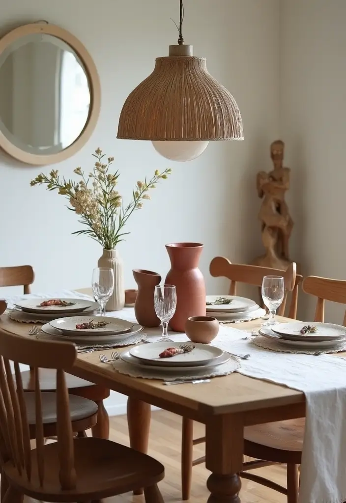 dining table with minimal vase and handcrafted bowl