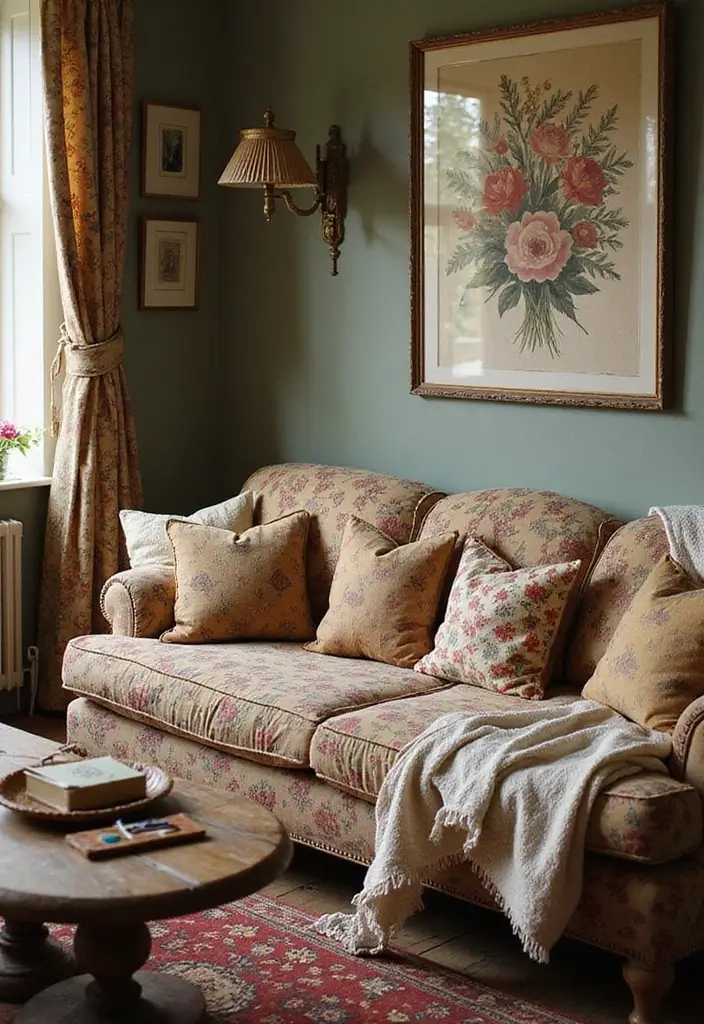 living room with vintage floral cushions and linen throws