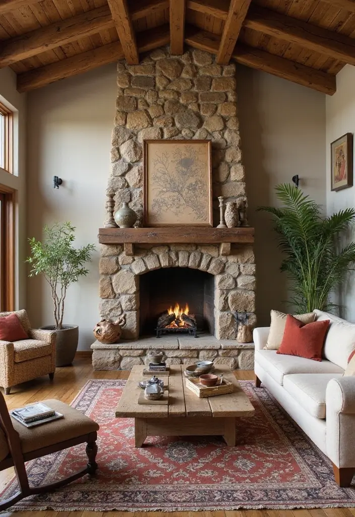 living room with stone fireplace and wooden furniture
