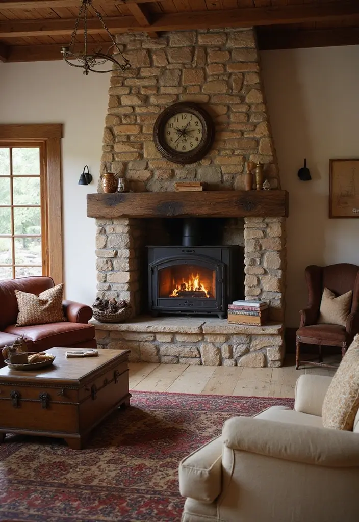 cozy living room with fireplace and soft textiles