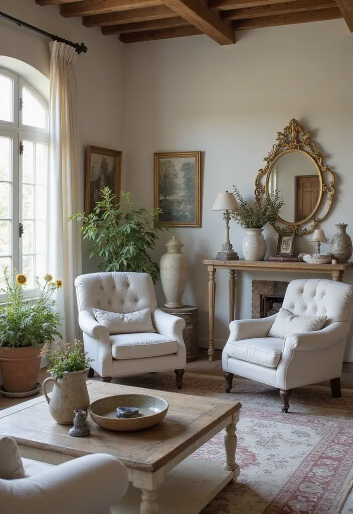 living room with rustic pottery and antique frames