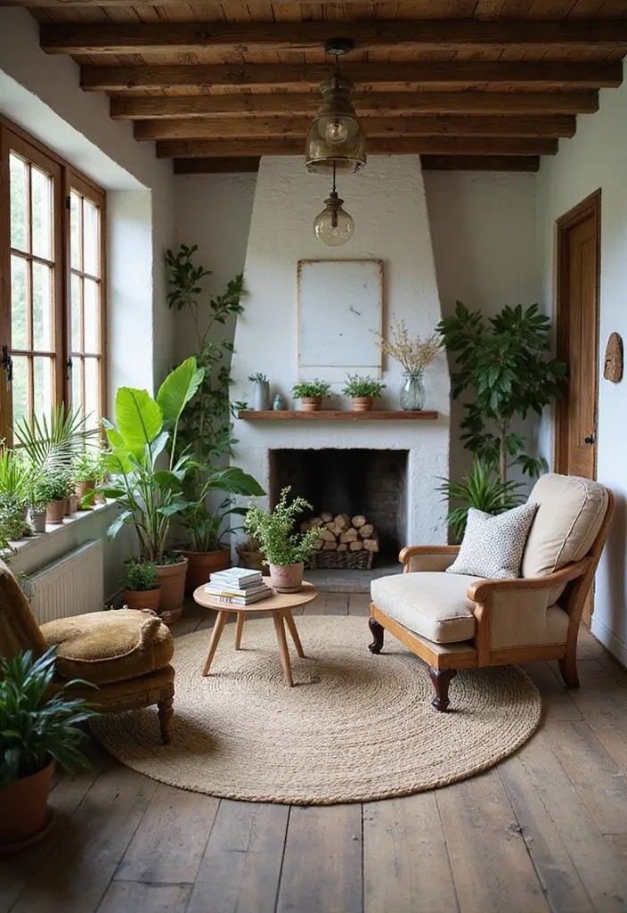 living room with potted plants and terracotta vases