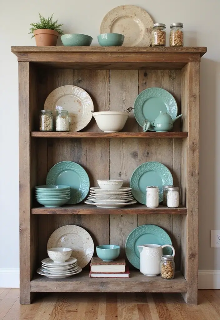 rustic wooden shelves with farmhouse decor