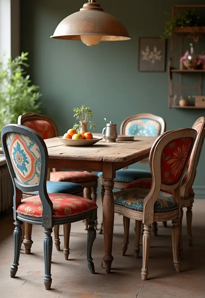 mismatched vintage farmhouse chairs around table