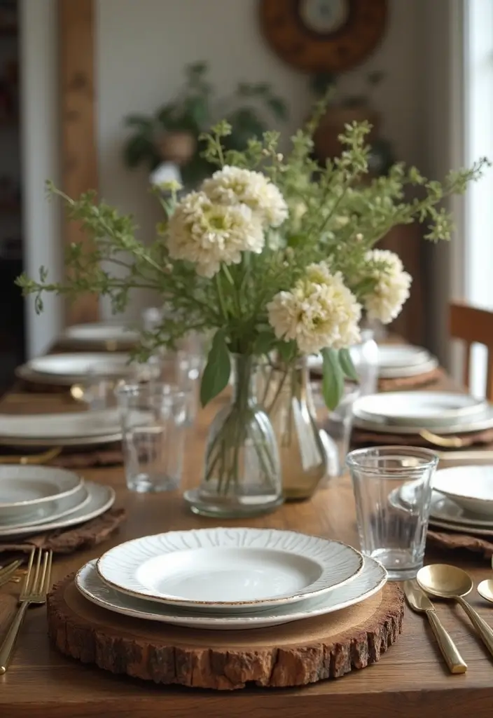 farmhouse table setting with neutral plates and napkins