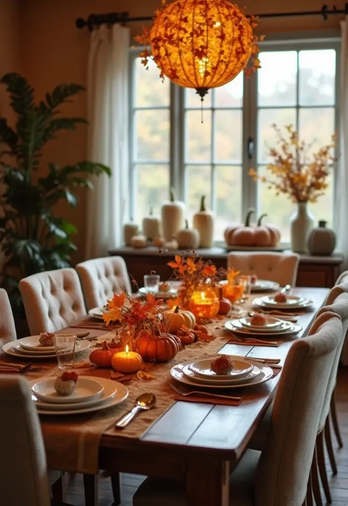 fall-themed farmhouse table decor with pumpkins