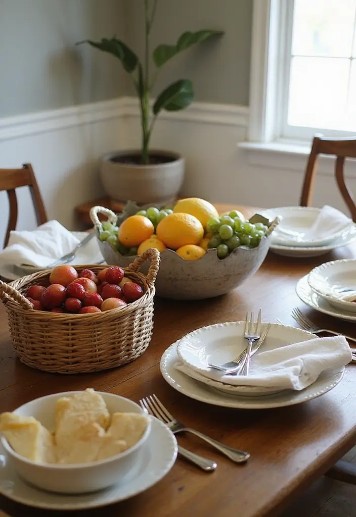 wicker basket and wooden bowl on table