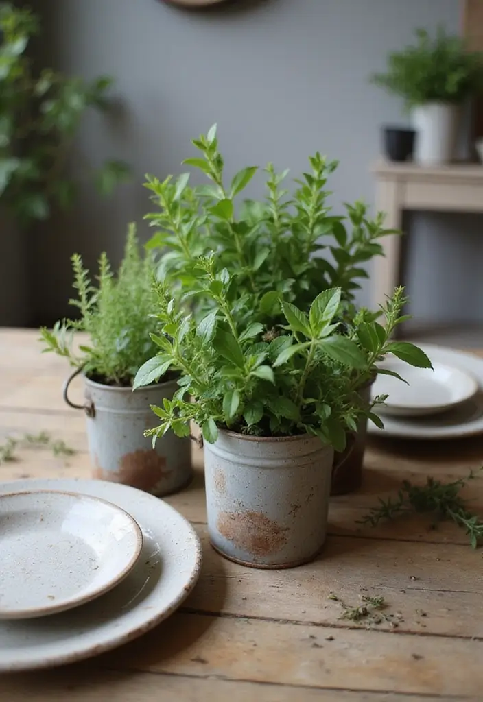 potted plants on farmhouse dining table