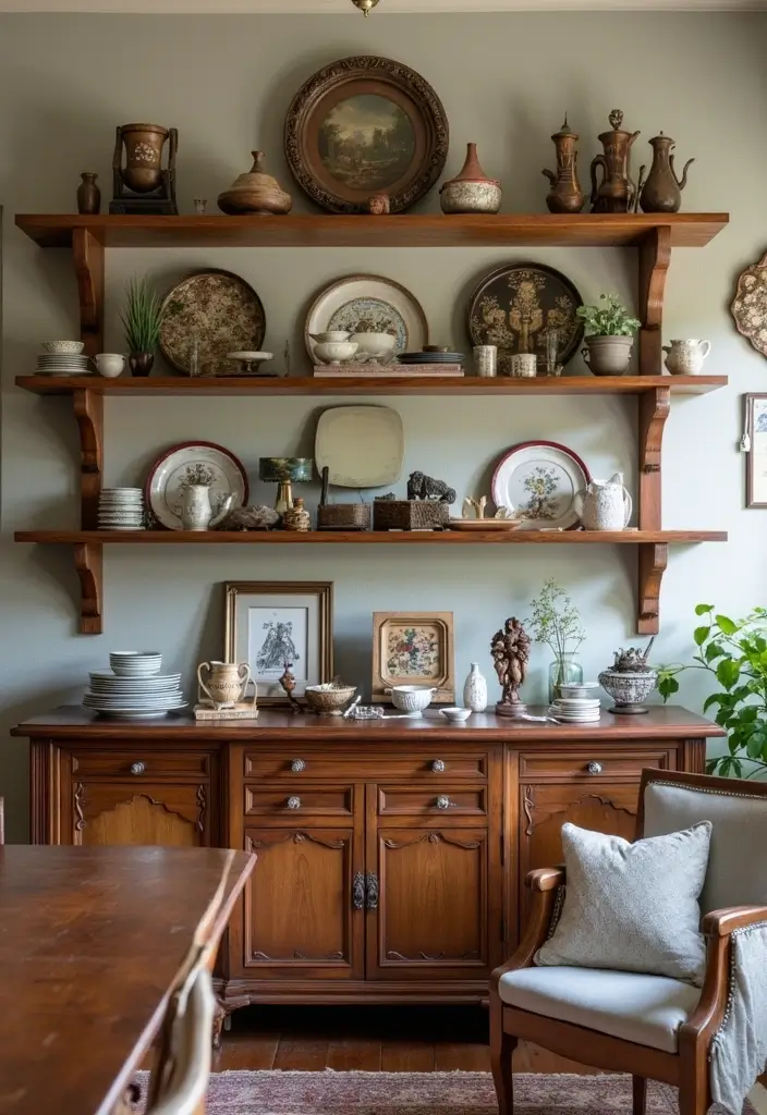 shelf with family heirlooms and photos