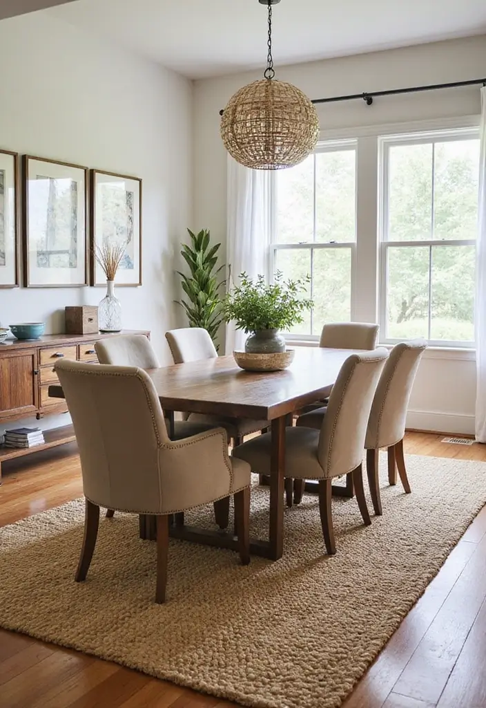 layered jute and patterned rugs under dining table