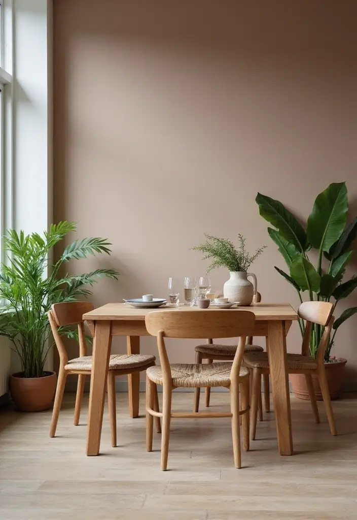 dining room with taupe walls and wooden furniture