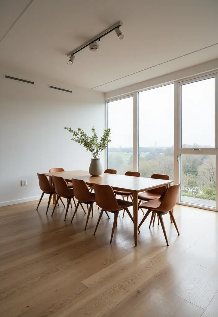 minimalist dining area with wooden table and open space