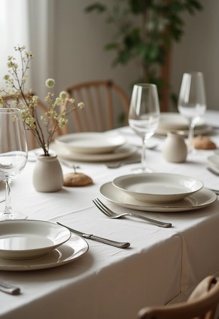 simple table setting with linen runner and ceramic dishes
