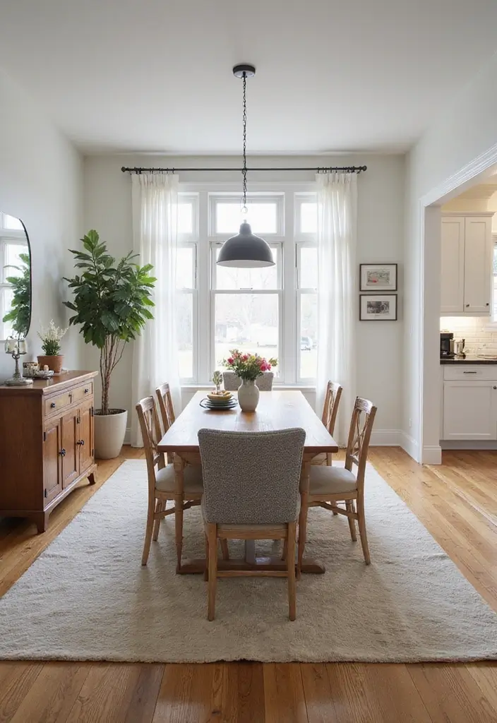 dining zone with rug and pendant light